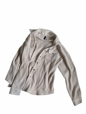 Waffle Knit Button-Front Shirt Jacket in Cream